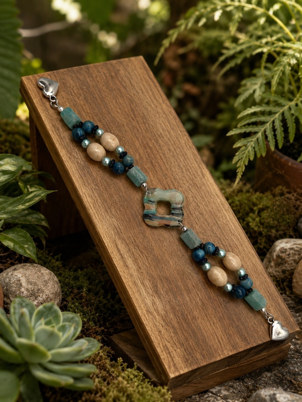 Teal and Beige Artisan Beaded Bracelet with Clay Pendent Shell Beads